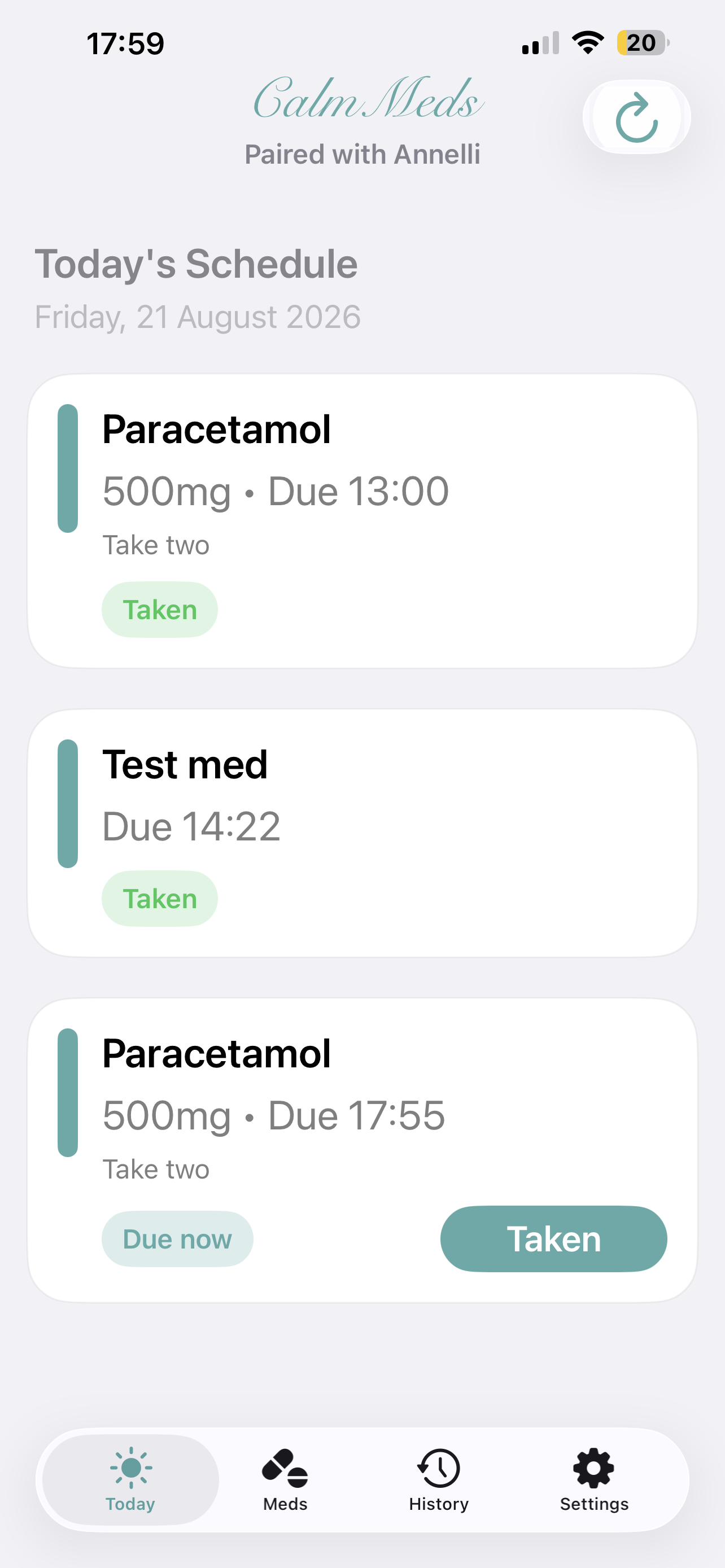 CalmMeds CalmMeds Today screen showing a medication schedule